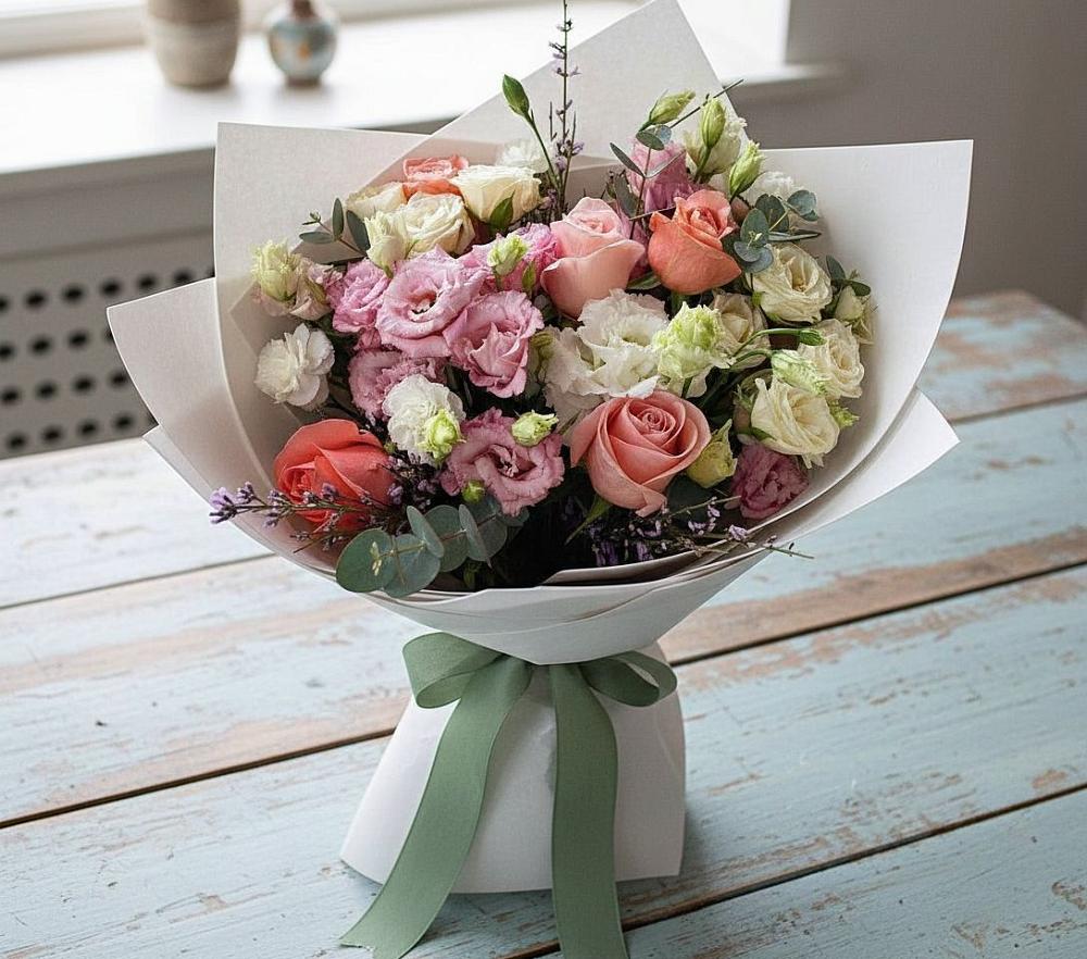 Букет цветов из: Розы, Лизиантусы и Гвоздики в Ерофее Павловиче