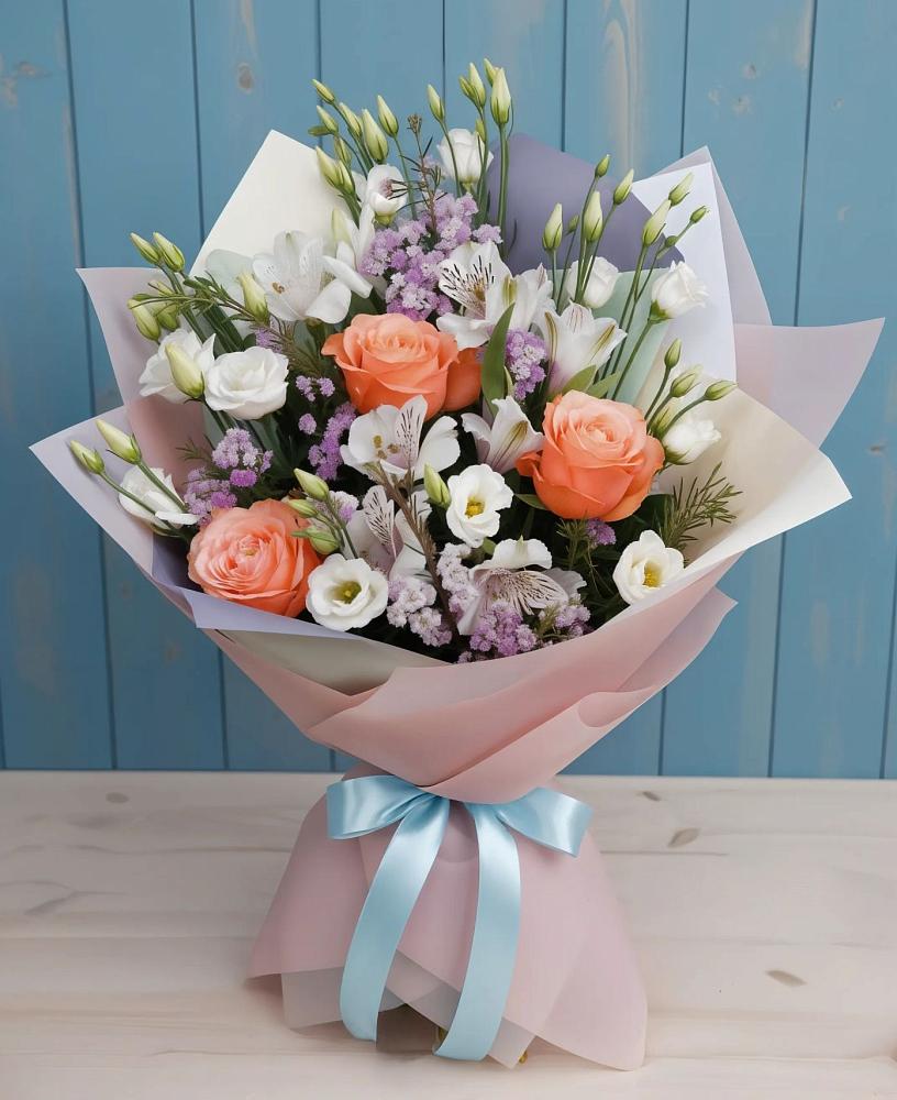 Букет цветов из: Лизиантусы, Розы, Альстромерии и Гипсофила в Ерофее Павловиче